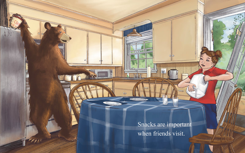 An illustration of a girl in a kitchen who has invited a bear into her house for snacks. She has set the table is putting a gallon of milk on the table.  The bear has ripped the kitchen door off it's hinges and gashed the fridge with his claws, but he is trying to be helpful by reaching for the cookie jar on top of the refrigerator.  The caption is, "Snacks are important when friends visit."