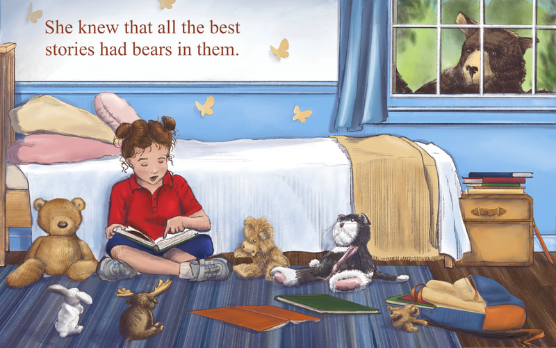 An illustration of a girl in her bedroom  surrounded by her stuffed animals and books.  She is reading them a story.  She knows that the best stories have bears in them.  A real live bear looks in through the window.
