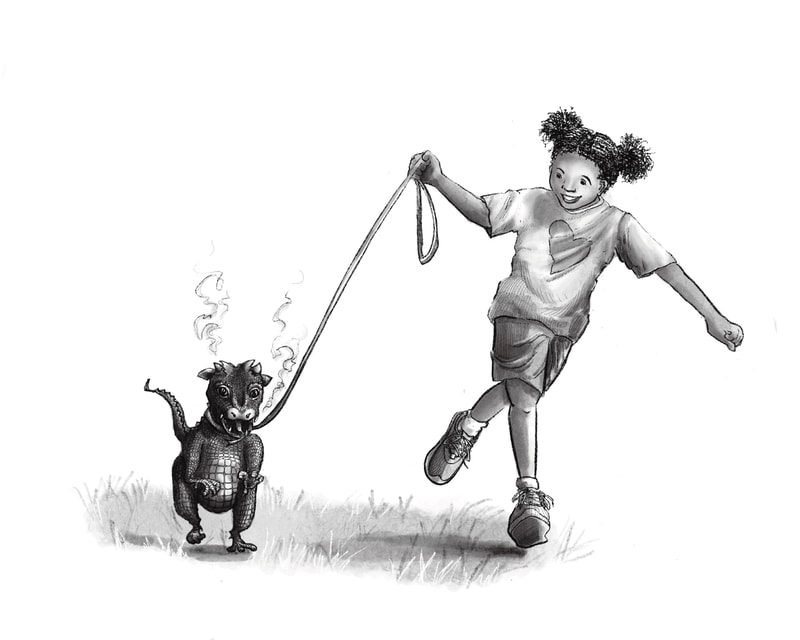 A black and white illustration of a girl and her small pet dragon are running in a park.