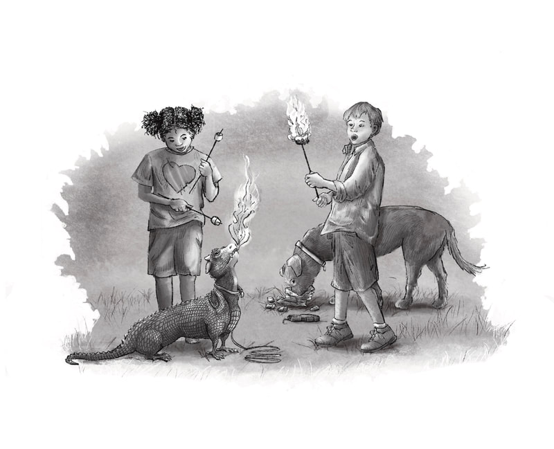 A black and white illustration of a girl and a boy have a marshmallow roast over the flame of the girl's pet dragon.  The boy's dog eats from the bag marshmallows in the background.