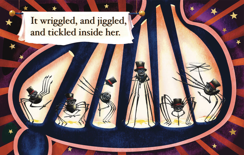 An illustration of a spider in a top hat and with a cane doing a softshoe dance in the stomach of the Old Lady who swallowed a fly.  The caption reads, "It wriggled, and jiggled, and tickled inside her."