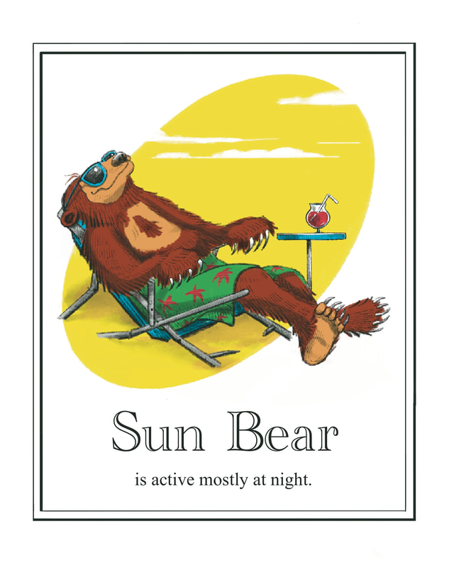 An illustration of a Sun Bear relaxing at the beach on a sunny day. 
 He wearing sunglasses and a swim suit. There is a table next to him with a drink and a straw on it.  The caption reads, "Sun Bear is active mostly at night."